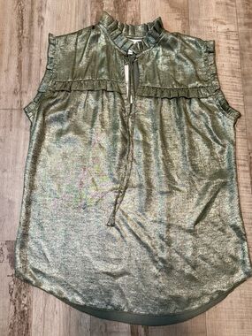 KARMAMIA Copenhagen Nellie Blouse Gold Metallic Ruffle Tie Neck S/M NWT